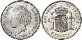 1894*1894. Alfonso XIII. PGV. 5 pesetas. (AC. 104). Leves rayitas. Atractiva. 24,93 g. EBC-/EBC.