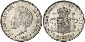 1894*1894. Alfonso XIII. PGV. 5 pesetas. (AC. 104). Pabellón de la oreja rayado. 24,92 g. MBC/MBC+.