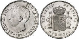 1896*1896. Alfonso XIII. PGV. 5 pesetas. (AC. 106). Limpiada. 24,84 g. (EBC).