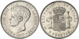 1897*1897. Alfonso XIII. SGV. 5 pesetas. (AC. 107). Leves marquitas. Ex Áureo 15/12/1994, nº 1067. 24,82 g. EBC/EBC+.