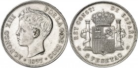 1897*1897. Alfonso XIII. SGV. 5 pesetas. (AC. 107). Reverso girado 105º. Golpecitos. 25 g. EBC-.