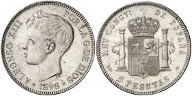 1898*1898. Alfonso XIII. SGV. 5 pesetas. (AC. 109). Rayitas. Ex Áureo 15/06/1995, nº 2609. 24,84 g. EBC/EBC+.