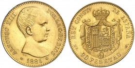 1889*1889. Alfonso XIII. MPM. 20 pesetas. (AC. 113). Leves rayitas. Atractiva. Ex Áureo 15/06/1995, nº 913. 6,44 g. EBC/EBC+.