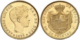 1899*1899. Alfonso XIII. SMV. 20 pesetas. (AC. 116). Leves marquitas. Parte de brillo original. Escasa. 6,44 g. EBC/EBC+.