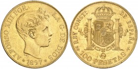 1897*1897. Alfonso XIII. SGV. 100 pesetas. (AC. 119). Golpecitos y rayitas. Parte de brillo original. Escasa. 32,20 g. MBC+/EBC-.