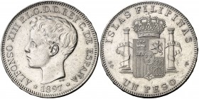 1897. Alfonso XIII. Manila. SGV. 1 peso. (AC. 122). Rayitas. Escasa. 25,01 g. MBC+.