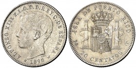 1895. Alfonso XIII. Puerto Rico. PGV. 20 centavos. (AC. 126). Muy escasa. 5 g. MBC+.