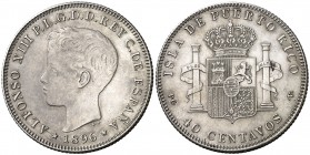 1896. Alfonso XIII. Puerto Rico. PGV. 40 centavos. (AC. 127). Hojita en reverso. Buen ejemplar. Rara. 9,94 g. MBC+.