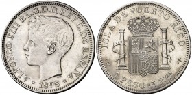 1895. Alfonso XIII. Puerto Rico. PGV. 1 peso. (AC. 128). Rara. 24,88 g. MBC+.