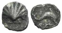 Southern Apulia, Tarentum, c. 325-280 BC. AR Hemilitron (10mm, 0.39g, 11h). Shell. R/ Dolphin leaping r.; below, hare r. (?). Vlasto 1596; HNItaly 980...
