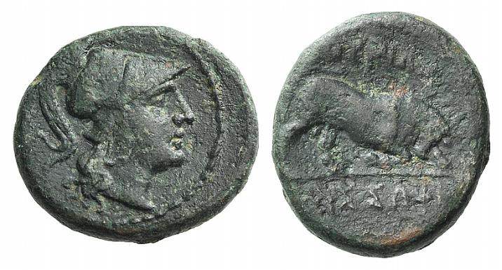 Southern Lucania, Thourioi, after 300 BC. Æ (17mm, 4.08g, 3h). Helmeted head of ...