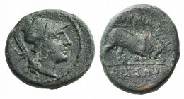 Southern Lucania, Thourioi, after 300 BC. Æ (17mm, 4.08g, 3h). Helmeted head of Athena r. R/ Bull butting r. HNItaly 1920. Rare, green patina, VF