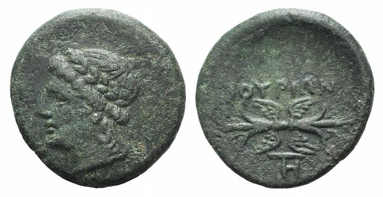 Southern Lucania, Thourioi, c. 280-213 BC. Æ (15mm, 2.62g, 12h). Laureate head o...