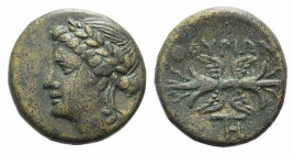 Southern Lucania, Thourioi, c. 280-213 BC. Æ (14mm, 3.19g, 9h). Laureate head of Apollo l. R/ Winged thunderbolt; monogram below. HNItaly 1927; SNG Co...