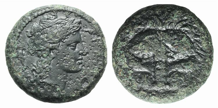 Bruttium, Rhegion, c. 351-280 BC. Æ (21mm, 9.76g, 6h). Facing lion’s mask. R/ La...