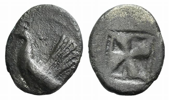 Sicily, Himera, c. 530-483/2 BC. AR Litra (11mm, 0.85g). Cock standing l. R/ Mil...