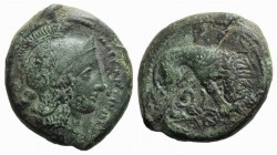 Sicily, Morgantina, c. 340 BC. Æ Dilitron (25mm, 14.60g, 10h). Helmeted head of Athena r.. wearing triple crested helmet decorated with serpent and sp...