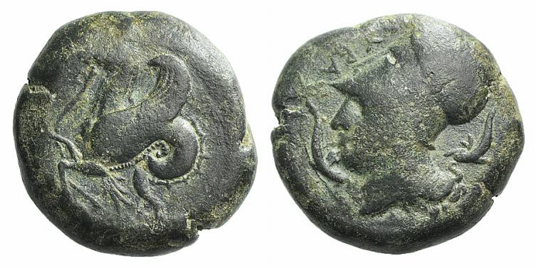 Sicily, Syracuse, 400-390 BC. Æ Litra (20mm, 8.74g, 12h). Head of Athena l., wea...