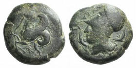 Sicily, Syracuse, 400-390 BC. Æ Litra (20mm, 8.74g, 12h). Head of Athena l., wearing Corinthian helmet decorated with wreath; around, dolphins. R/ Hip...