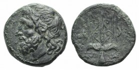 Sicily, Syracuse, c. 275-215 BC. Æ Litra (17mm, 5.58g, 11h). Diademed head of Poseidon l. R/ Ornamented trident head flanked by two dolphins; CNS II, ...