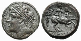 Sicily, Syracuse, c. 275-215 BC. Æ (26mm, 18.82g, 6h). Diademed head l. R/ Horseman riding r., holding spear; Σ below. CNS II 195; SNG ANS 929. Brown ...