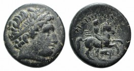 Kings of Macedon, Philip II (359-336 BC). Æ Unit (19mm, 5.69g, 12h). Uncertain mint in Macedon. Diademed head of Apollo r. R/ Youth on horseback ridin...