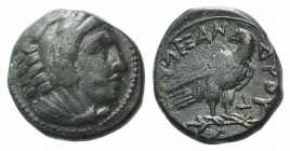 Kings of Macedon, Alexander III "the Great" (336-323 BC). Æ Half Unit (15mm, 3.50g, 9h). Amphipolis, c. 330-323 BC. Head of Herakles r., wearing lion ...