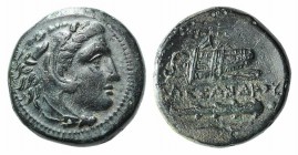Kings of Macedon, Alexander III ‘the Great’ (336-323 BC). Æ Unit (17mm, 5.58g, 3h). Miletos, 323-319. Head of Herakles r., wearing lion skin. R/ Bow i...