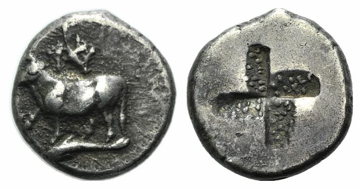 Thrace, Byzantion, c. 340-320 BC. AR Hemidrachm (11mm, 2.50g). Heifer standing l...