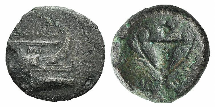 Korkyra, c. 300-229 BC. Æ (16mm, 2.91g, 7h). Prow of galley r. R/ Kantharos; gra...