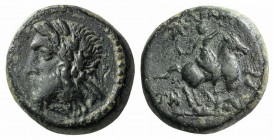 Mysia, Adramyteion, 4th century BC. Æ (16mm, 5.20g, 12h). Laureate head of Zeus l. R/ Rider on horseback galloping r., raising r. arm; monogram to upp...