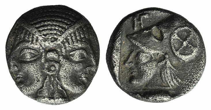 Mysia, Lampsakos, c. 500-450 BC. AR Obol (8mm, 0.86g, 3h). Female janiform head....