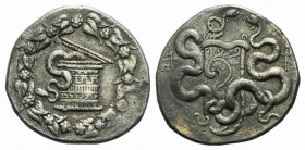 Mysia, Pergamon, c. 166-67 BC. AR Cistophoric Tetradrachm (28mm, 12.59g, 12h), c. 76-67 BC. Cista mystica with serpent; all within ivy wreath. R/ Two ...