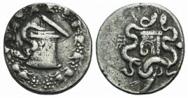 Mysia, Pergamon, c. 166-67 BC. AR Cistophoric Tetradrachm (26mm, 12.25g, 12h). Cista mystica with serpent; all within ivy wreath. R/ Bow case with ser...