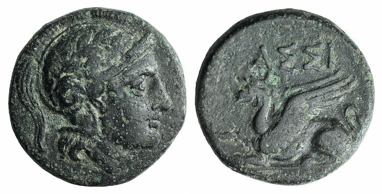 Troas, Assos, 4th-3rd century BC. Æ (14.5mm, 3.73g, 1h). Helmeted head of Athena...