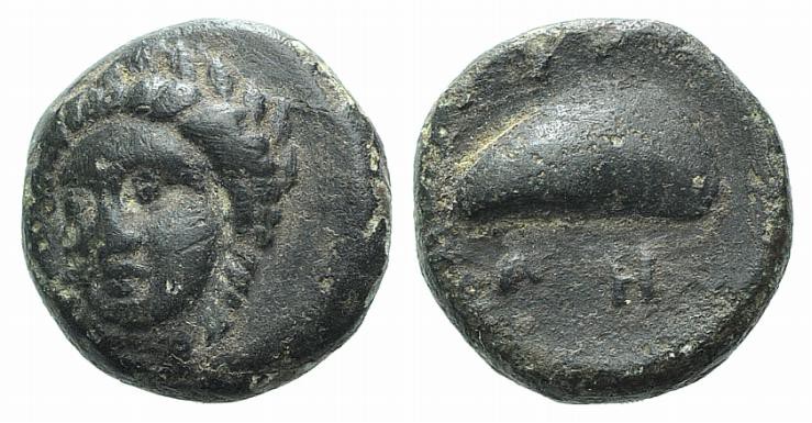 Aeolis, Gyrneion, 4th century BC. Æ (10mm, 1.94g, 1h). Laureate head of Apollo f...