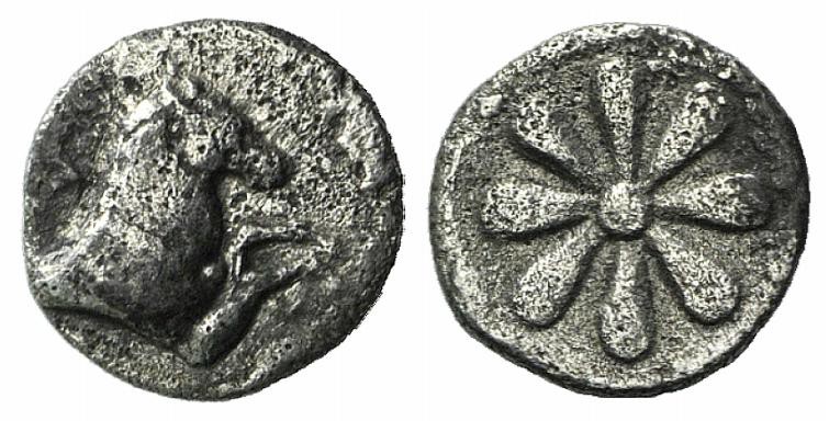 Aeolis, Kyme, 6th century BC. AR Hemiobol (6mm, 0.29g). Forepart of horse r. R/ ...