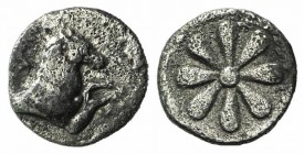 Aeolis, Kyme, 6th century BC. AR Hemiobol (6mm, 0.29g). Forepart of horse r. R/ Floral pattern. SNG Copenhagen 34; SNG Kayhan 91; SNG von Aulock 7692;...