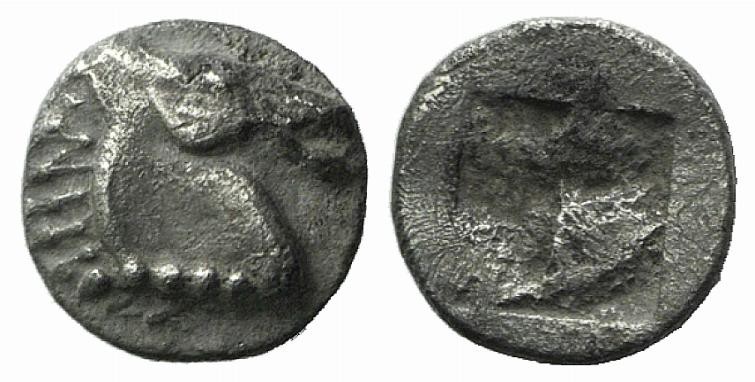 Aeolis, Kyme, c. 480-450 BC. AR Tetartemorion (5mm, 0.24g). Horse head r. R/ Qua...