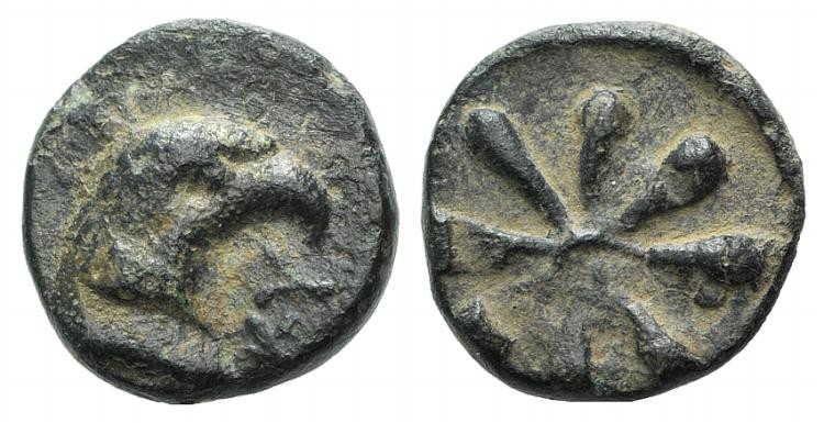 Aeolis, Kyme, c. 3rd century BC. Æ (10mm, 1.28g). Eagle head r. R/ Rosette with ...