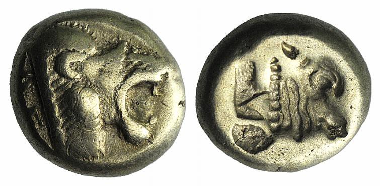 Lesbos, Mytilene, c. 521-478 BC. EL Hekte – Sixth Stater (9mm, 2.43g, 6h). Head ...