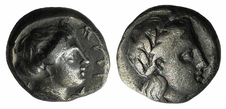 Lesbos, Mytilene, c. 400-350 BC. AR Diobol (9mm, 1.33g, 11h). Laureate head of A...