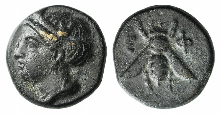 Ionia, Ephesos, c. 375 BC. Æ (9mm, 1.11g, 12h). Female head l. R/ Bee. SNG Copen...