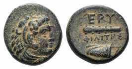 Ionia, Erythrai, c. 280-270 BC. Æ (11mm, 2.19g, 3h). Philites, magistrate. Head of Herakles r., wearing lion skin. R/ Club and bow-in-bowcase. Cf. SNG...