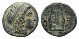 Ionia, Kolophon, c. 400-375 BC. Æ Chalkous (11mm, 1.83g, 1h). Head of Apollo r., wearing tainia. R/ Kithara within linear square; astragaloi to l. and...