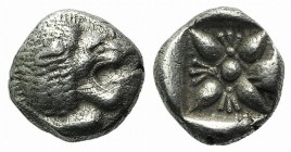 Ionia, Miletos, late 6th-early 5th century BC. AR Diobol (8mm, 1.12g). Forepart of a lion l., head r. R/ Stellate design within square incuse. SNG Kay...