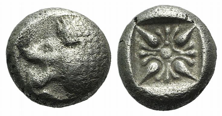 Ionia, Miletos, late 6th-early 5th century BC. AR Diobol (7mm, 1.21g). Forepart ...