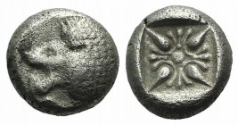 Ionia, Miletos, late 6th-early 5th century BC. AR Diobol (7mm, 1.21g). Forepart of a lion r., head l. R/ Stellate design within square incuse. SNG Kay...