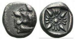 Ionia, Miletos, late 6th-early 5th century BC. AR Diobol (7mm, 1.02g). Forepart of a lion r., head l. R/ Stellate design within square incuse. SNG Kay...