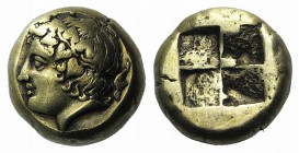 Ionia, Phokaia, c. 478-387 BC. EL Hekte - Sixth Stater (9mm, 2.55g). Head of Dionysos l., wearing ivy wreath; in r. field, seal downwards. R/ Quadripa...